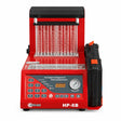 Mirage HP-6B red six-cylinder ultrasonic fuel injector cleaning and testing machine with six tubes, controls and pressure gauge on white background.
