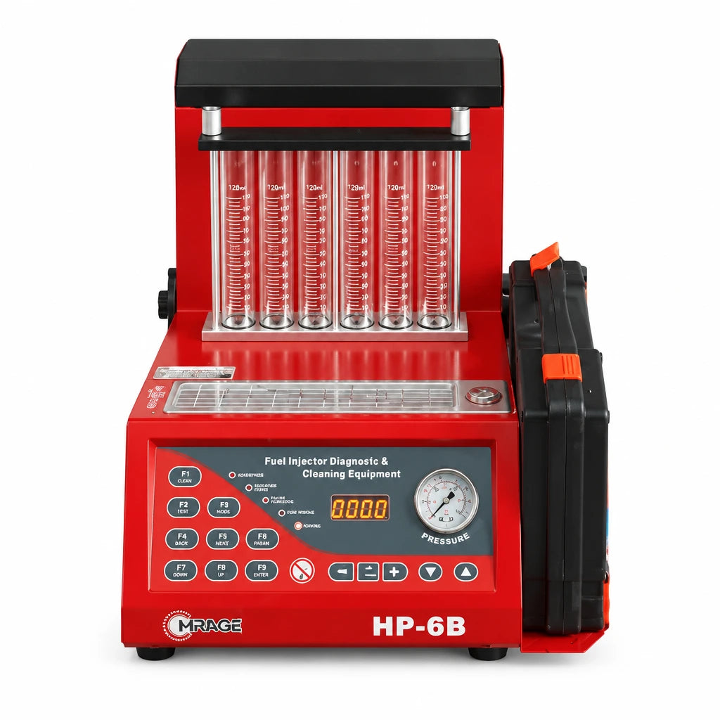 Mirage HP-6B red six-cylinder ultrasonic fuel injector cleaning and testing machine with six tubes, controls and pressure gauge on white background.