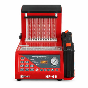 Mirage HP-6B red six-cylinder ultrasonic fuel injector cleaning and testing machine with six tubes, controls and pressure gauge on white background.