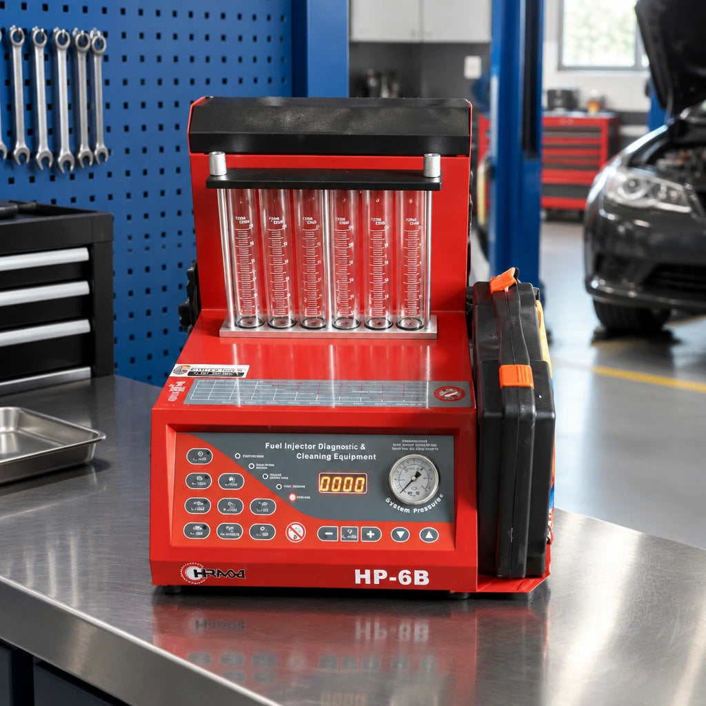 Mirage HP-6B injector cleaning and testing machine resting on a service bench in a clean automotive diagnostics workshop.