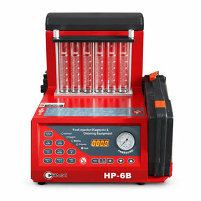 Mirage red six-cylinder ultrasonic fuel injector cleaning and testing machine on white background.