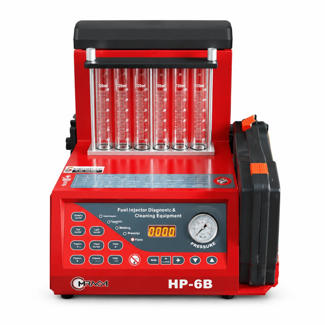 Mirage red six-cylinder ultrasonic fuel injector cleaning and testing machine on white background.