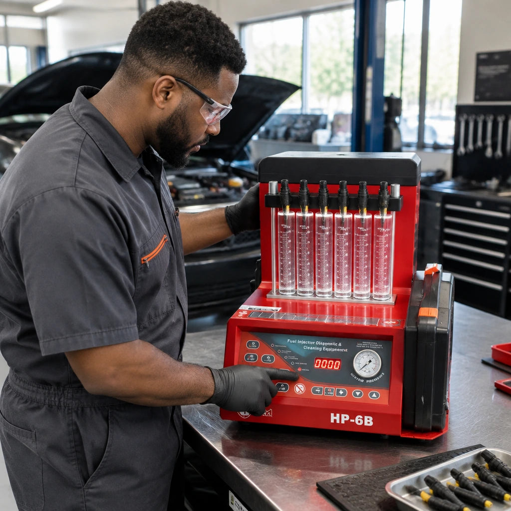 African American automotive technician testing petrol fuel injectors in the Mirage ultrasonic cleaning machine.