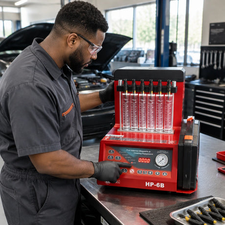 African American automotive technician testing petrol fuel injectors in the Mirage ultrasonic cleaning machine.