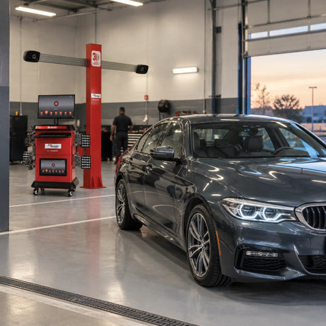 Serviced passenger vehicle ready for handover with the Mirage U-VA2023D-PRO wheel alignment system visible in the workshop bay.