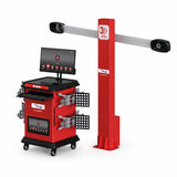 Mirage U-VA2023D-PRO 3D wheel alignment machine with red cabinet, monitor, wheel targets and camera beam on a white background.