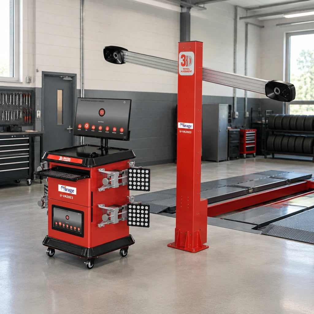 Mirage U-VA2023D-PRO wheel alignment system parked beside an empty alignment lift in a clean professional workshop.