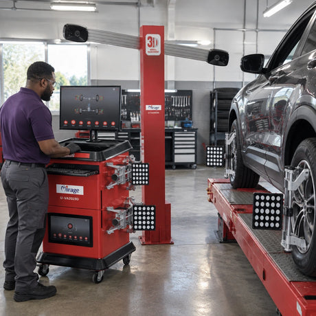 Technician using the Mirage U-VA2023D-PRO to measure wheel alignment on a vehicle in a professional service bay.