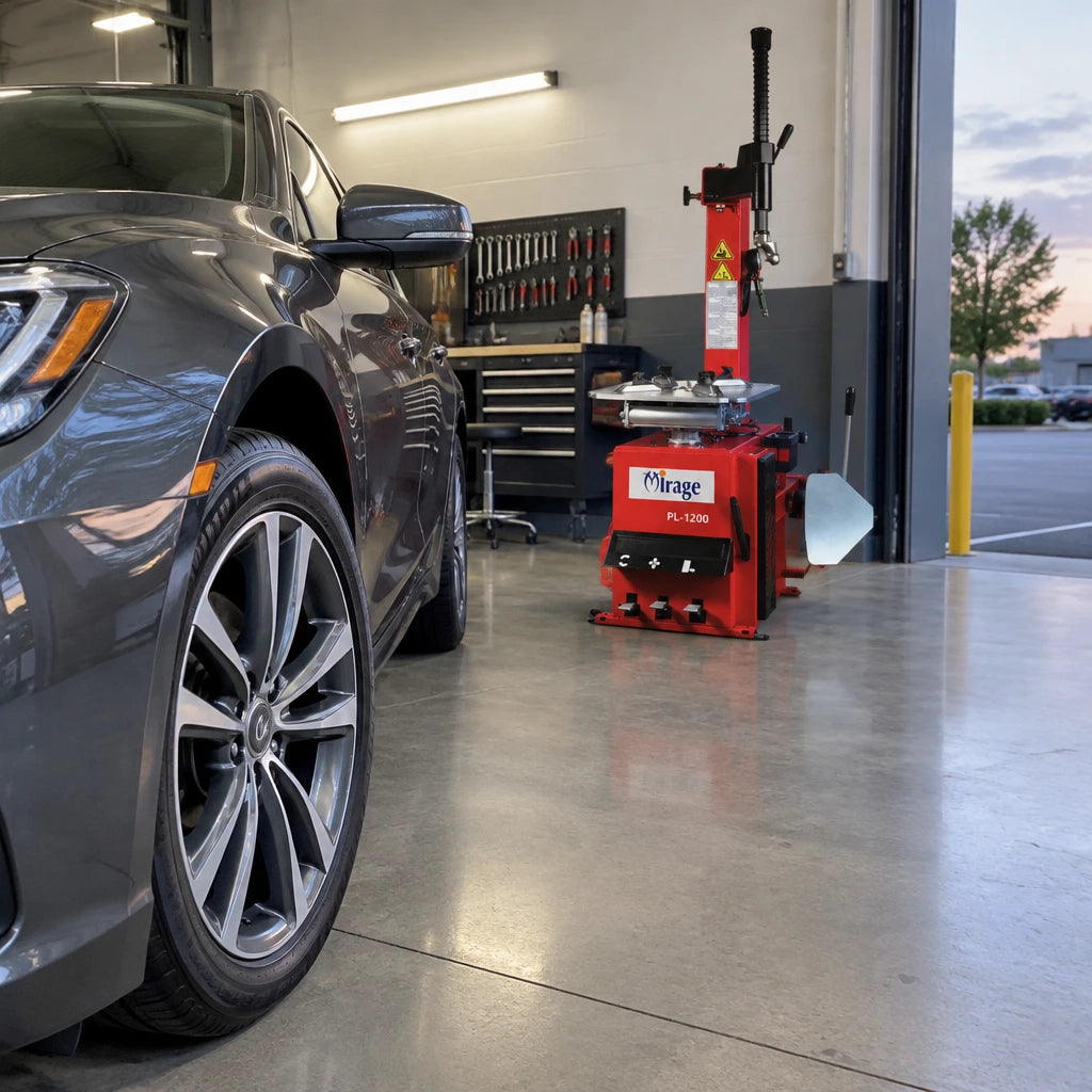 Passenger vehicle ready after tyre service with the Mirage PL-1200 changer in the garage bay
