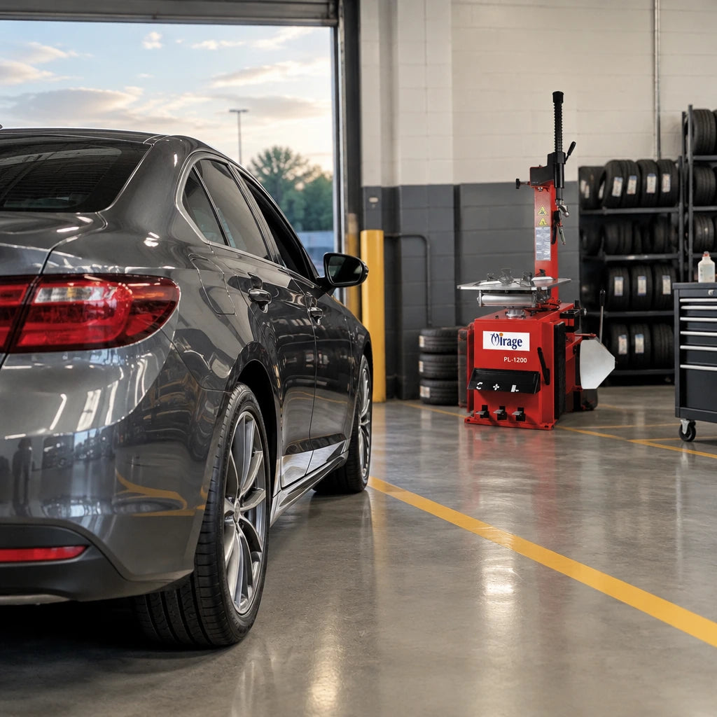 Serviced passenger vehicle ready for collection beside an inactive Mirage 24-inch tyre changer in a clean garage.