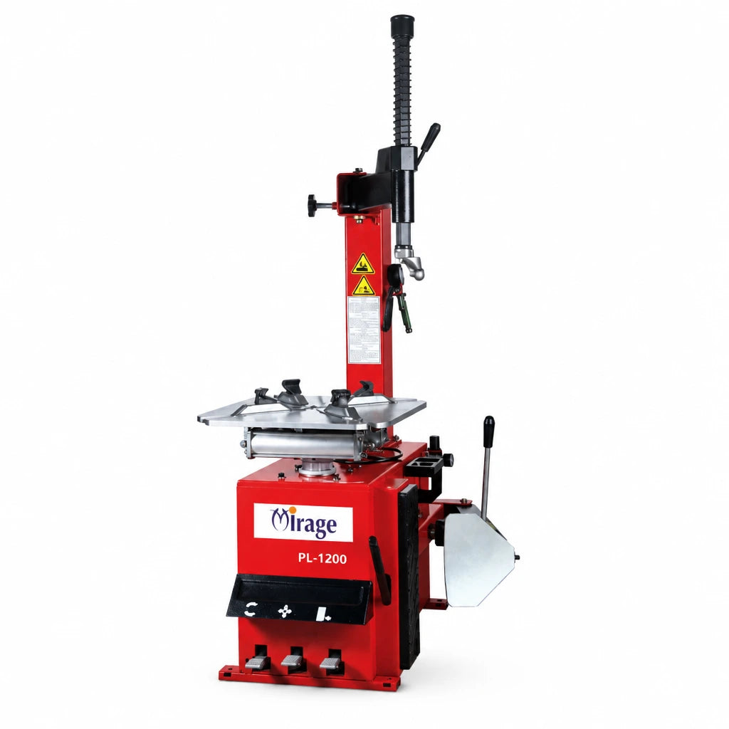 Mirage red 24-inch semi-automatic swing-arm tyre changer with turntable, clamps and pneumatic bead breaker on a white background.