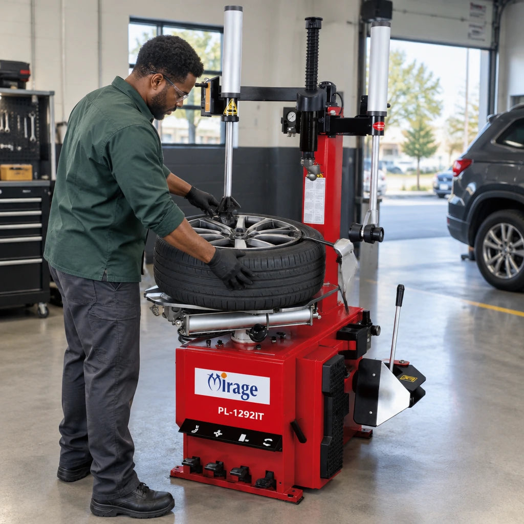 Technician using the Mirage PL-1292IT helper arm to service a low-profile SUV wheel.