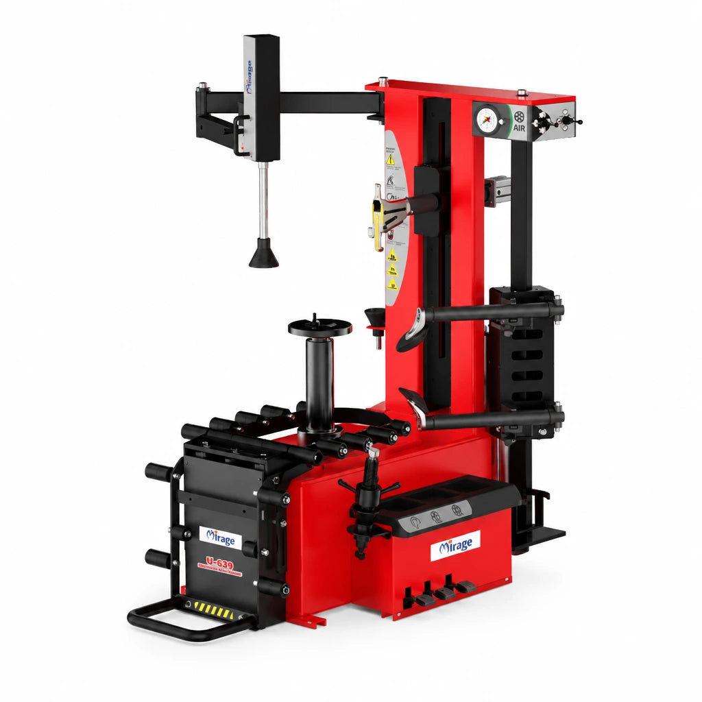 Mirage U-639 professional red and black tyre changer for 13–28 inch wheels on a white background.