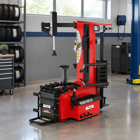 Mirage U-639 tyre changer parked at an organised professional vehicle-service workshop station.