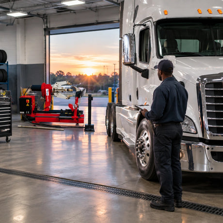 Serviced commercial truck ready for fleet use beside the inactive Mirage PL-2900 tyre changer in a workshop