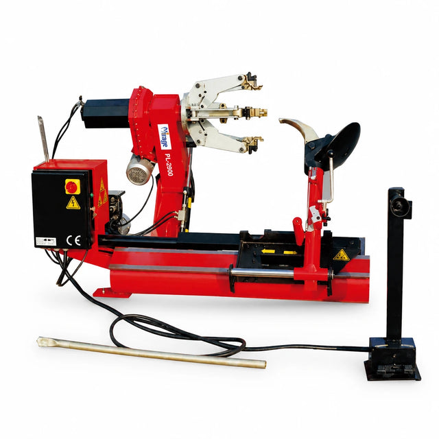 Mirage PL-2900 heavy-duty truck tyre changer with hydraulic arms, control cabinet and floor pedal on a white background