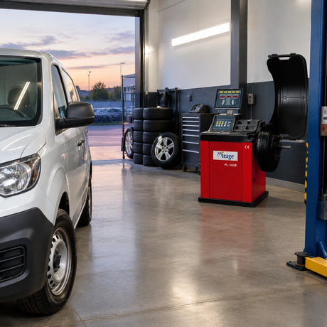 Balanced passenger vehicle ready for service handover beside a Mirage PL-1828 wheel balancer
