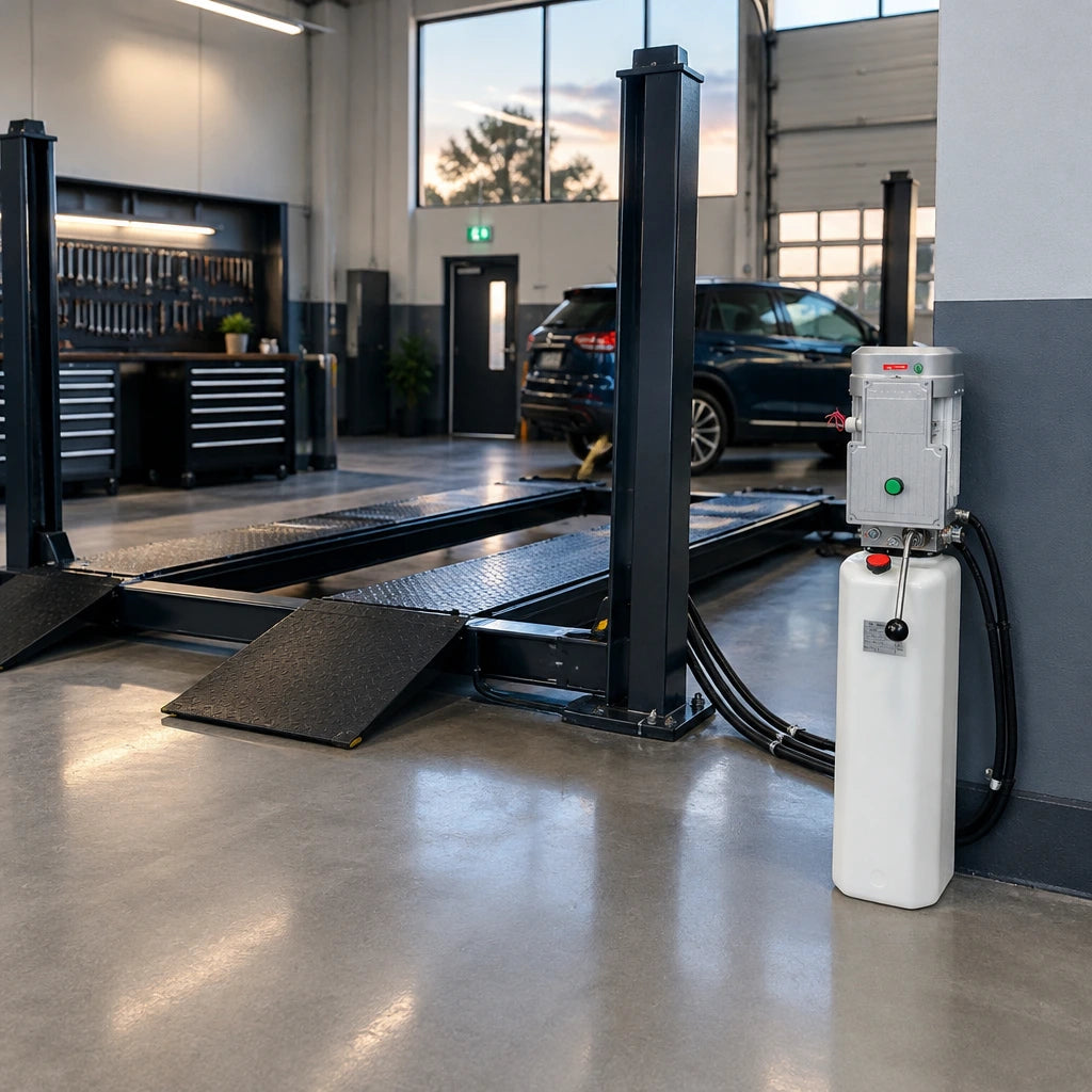 Ready-to-use workshop lifting platform with the Mirage hydraulic power unit resting beside its connected hydraulic system