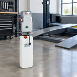 Mirage hydraulic power unit resting beside a compatible workshop lifting platform in an organised service bay