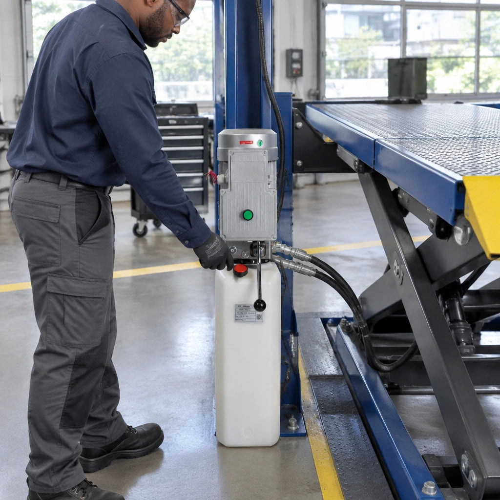 Technician operating a Mirage hydraulic power unit while commissioning a compatible workshop lifting platform