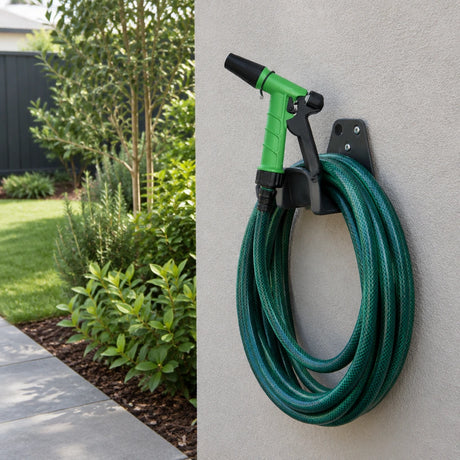 Green adjustable garden spray gun resting on a hose hanger beside a neatly maintained residential garden