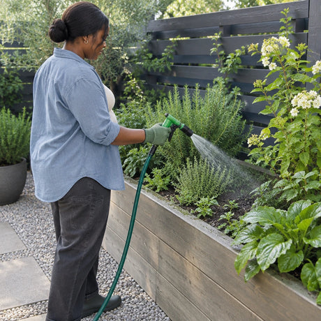 African American gardener using the Mister green adjustable spray gun to water plants in a residential raised bed