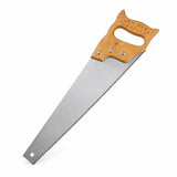 Mister wooden-handle handsaw with straight toothed blade on a white background