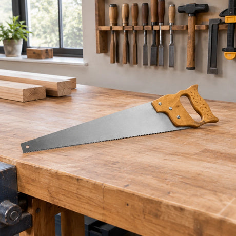 Wooden-handle Mister handsaw resting on a joinery workshop workbench