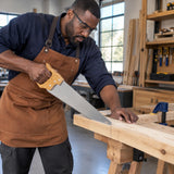 African American carpenter using a Mister wooden-handle handsaw to cut a supported timber batten