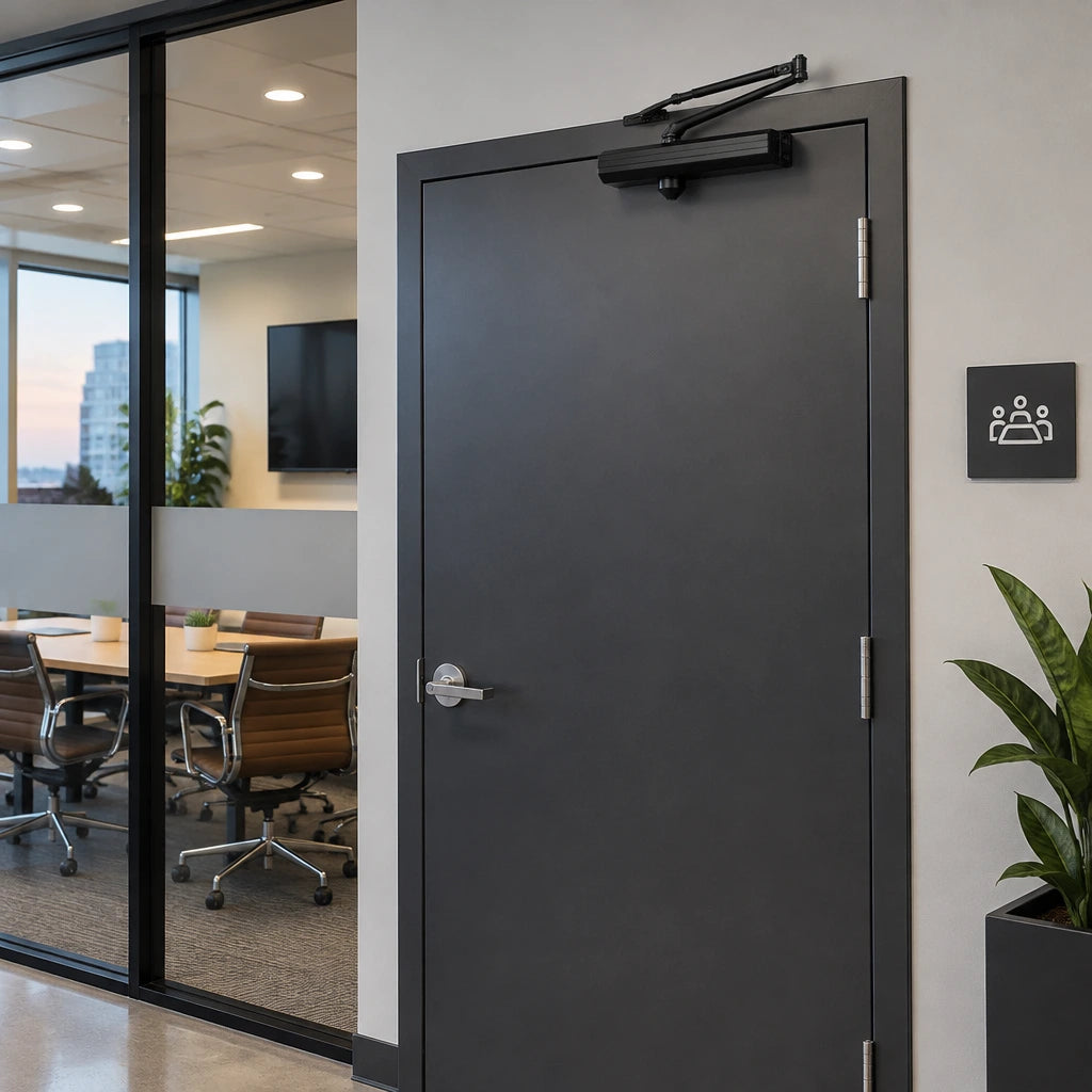 Closed contemporary office entrance with the black Mister hydraulic automatic door closer installed above the door.