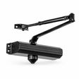 Black Mister hydraulic automatic door closer with articulated arm isolated on a white background.
