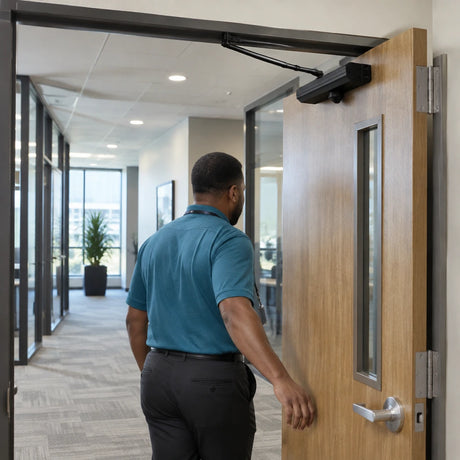 African American facilities coordinator releases an office door as the black Mister hydraulic closer draws it shut.