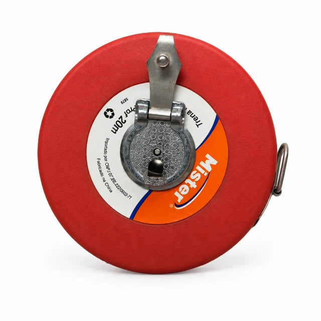 Red Mister 20m fibreglass open-reel long measuring tape with central metal winding mechanism on a white background.