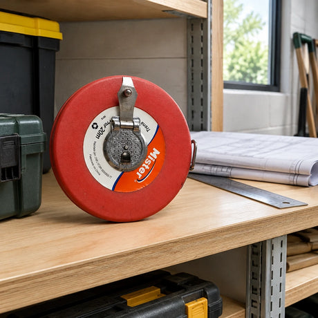 Red Mister 20m open-reel measuring tape stored on an organised landscaping contractor’s equipment shelf.