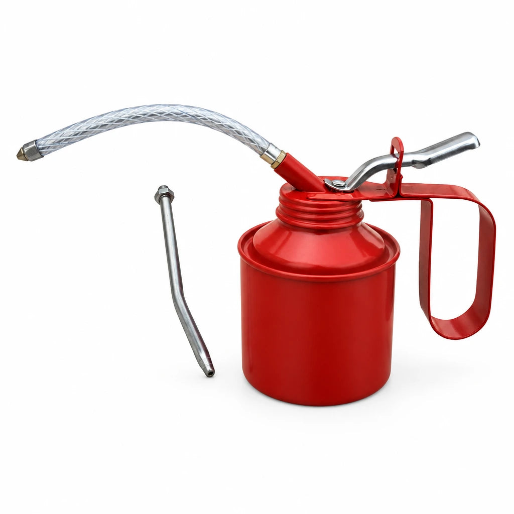 Mister 500cc red metal hand oil can with thumb pump, flexible steel spout and separate bent tube on white background
