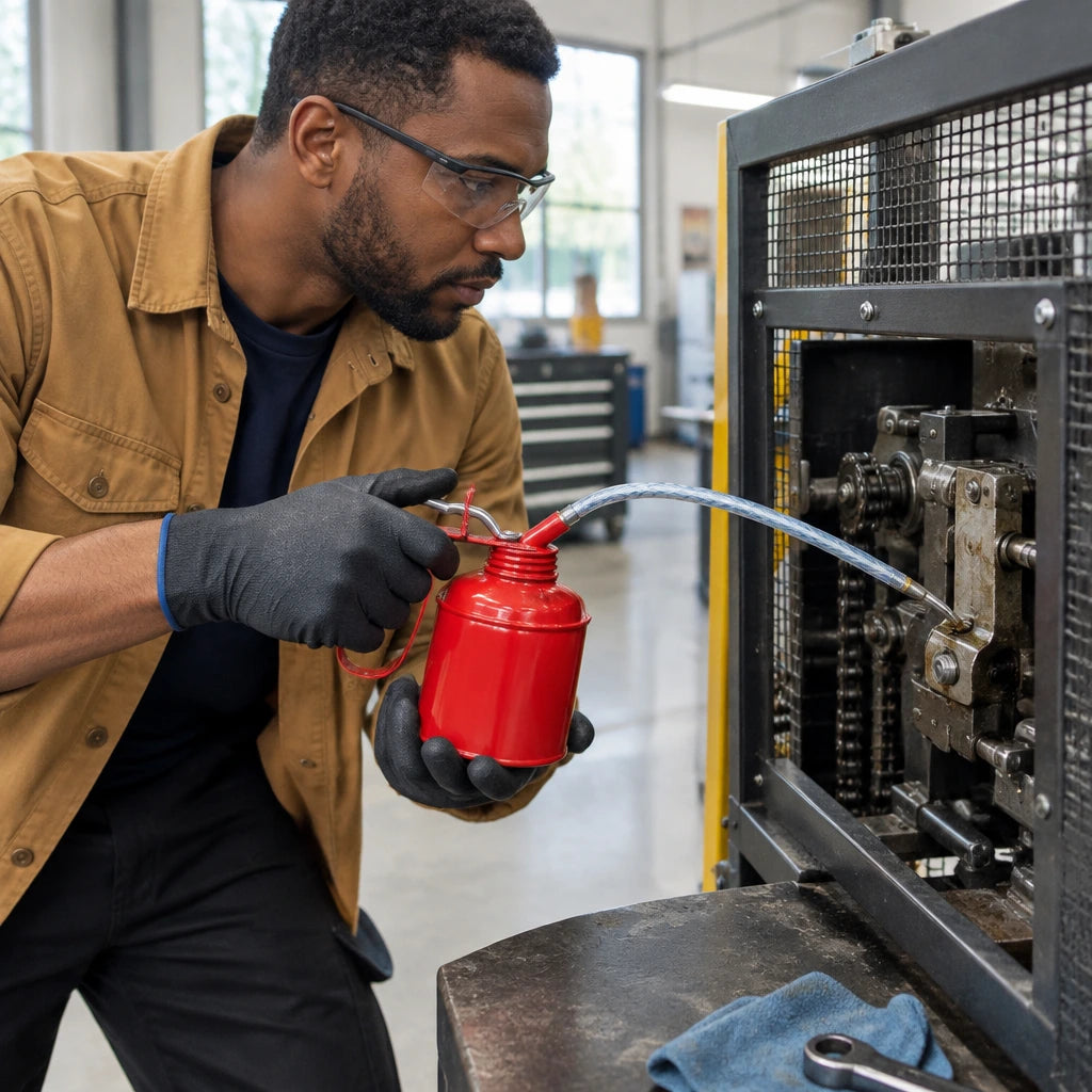 African American maintenance technician using a Mister hand oil can to lubricate a recessed guarded machine linkage