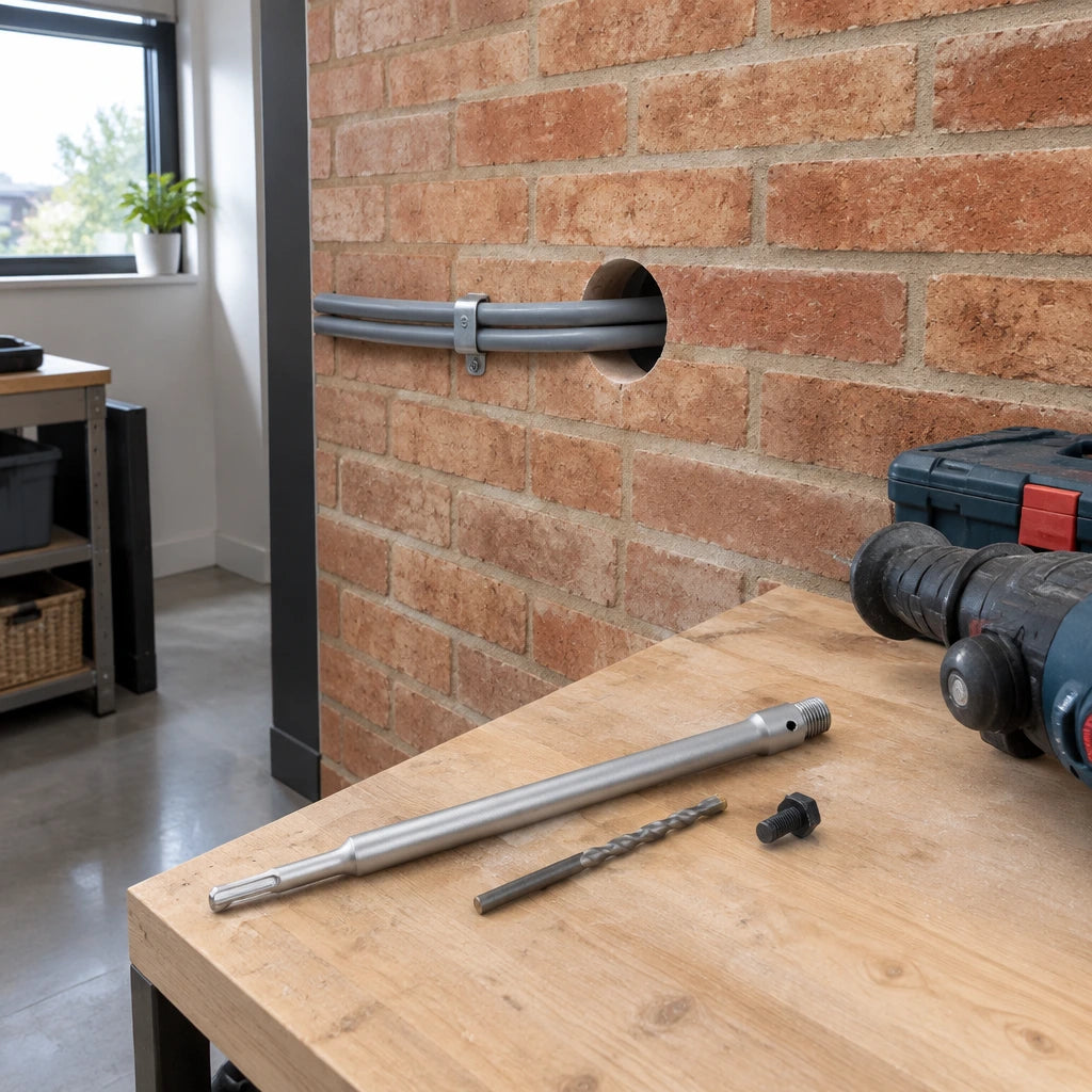 Finished brick utility-wall service opening with conduit and Mister SDS-Plus extension adapter resting nearby.