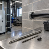 Finished plant-room conduit passing through a clean masonry opening with the Mister SDS-Plus core drill extension kit resting nearby.