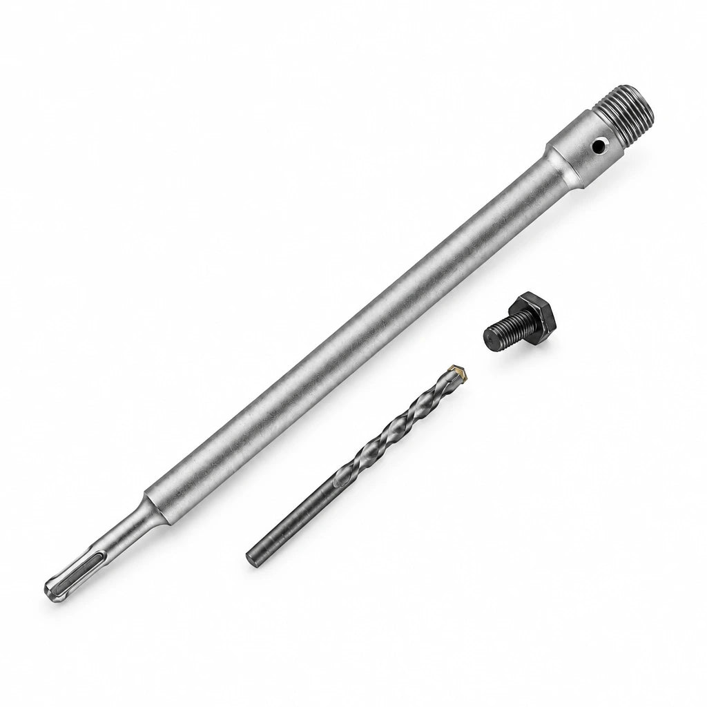 Mister SDS-Plus core drill extension adapter kit with silver extension arbor, pilot bit and retaining component on white background.