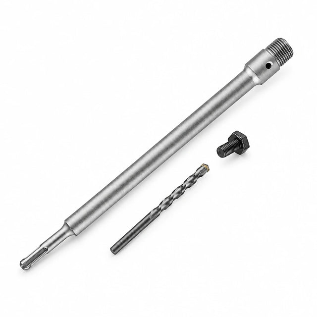Mister SDS-Plus core drill extension adapter kit with silver extension arbor, pilot bit and retaining component on white background.