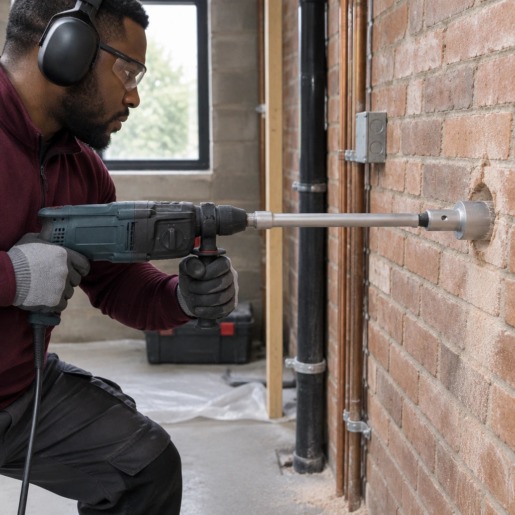 African American building-services installer using a Mister SDS-Plus extension adapter for a deeper circular opening in a brick utility wall.