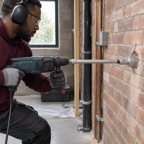 African American building-services installer using a Mister SDS-Plus extension adapter for a deeper circular opening in a brick utility wall.