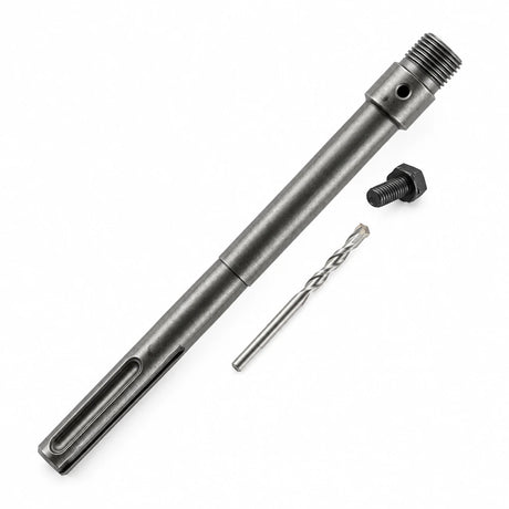 Mister SDS-Max core drill adapter arbor with pilot bit and fastening component on a white background