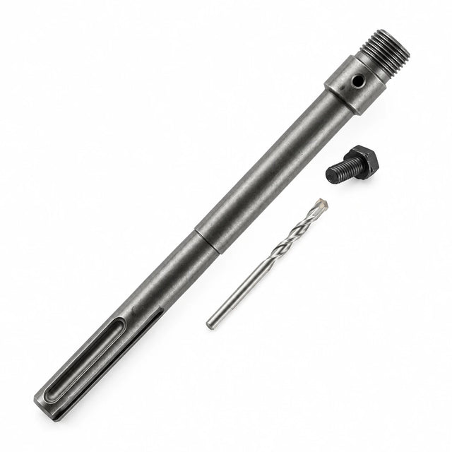 Mister SDS-Max core drill adapter arbor with pilot bit and fastening component on a white background