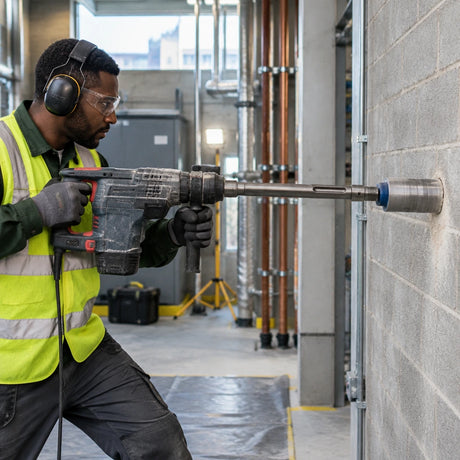 Building-services installer uses a Mister SDS-Max adapter for deep core drilling through a blockwork plant-room wall