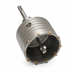 Mister hollow masonry core drill bit with toothed cutting rim and central pilot bit on a white background