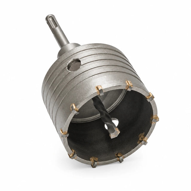Mister hollow masonry core drill bit with toothed cutting rim and central pilot bit on a white background
