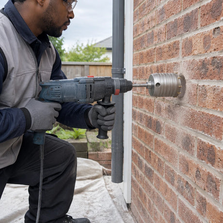 African American installer using a Mister hollow masonry core bit to cut a circular opening in a brick utility wall