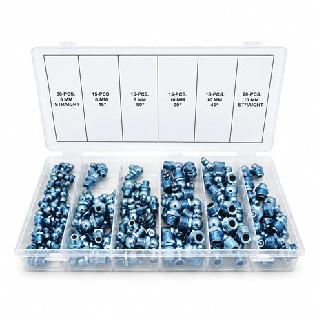 Neiko 110-piece hydraulic grease fitting assortment in a clear six-compartment case with M6 and M10 straight, 45-degree and 90-degree fittings