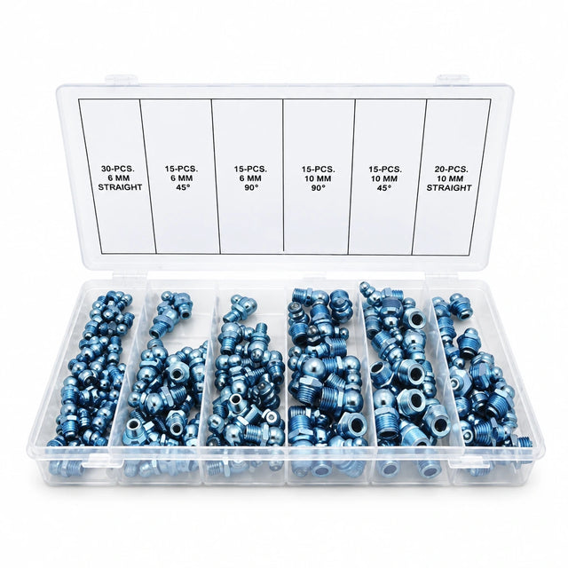 Neiko 110-piece hydraulic grease fitting assortment in a clear six-compartment case with M6 and M10 straight, 45-degree and 90-degree fittings